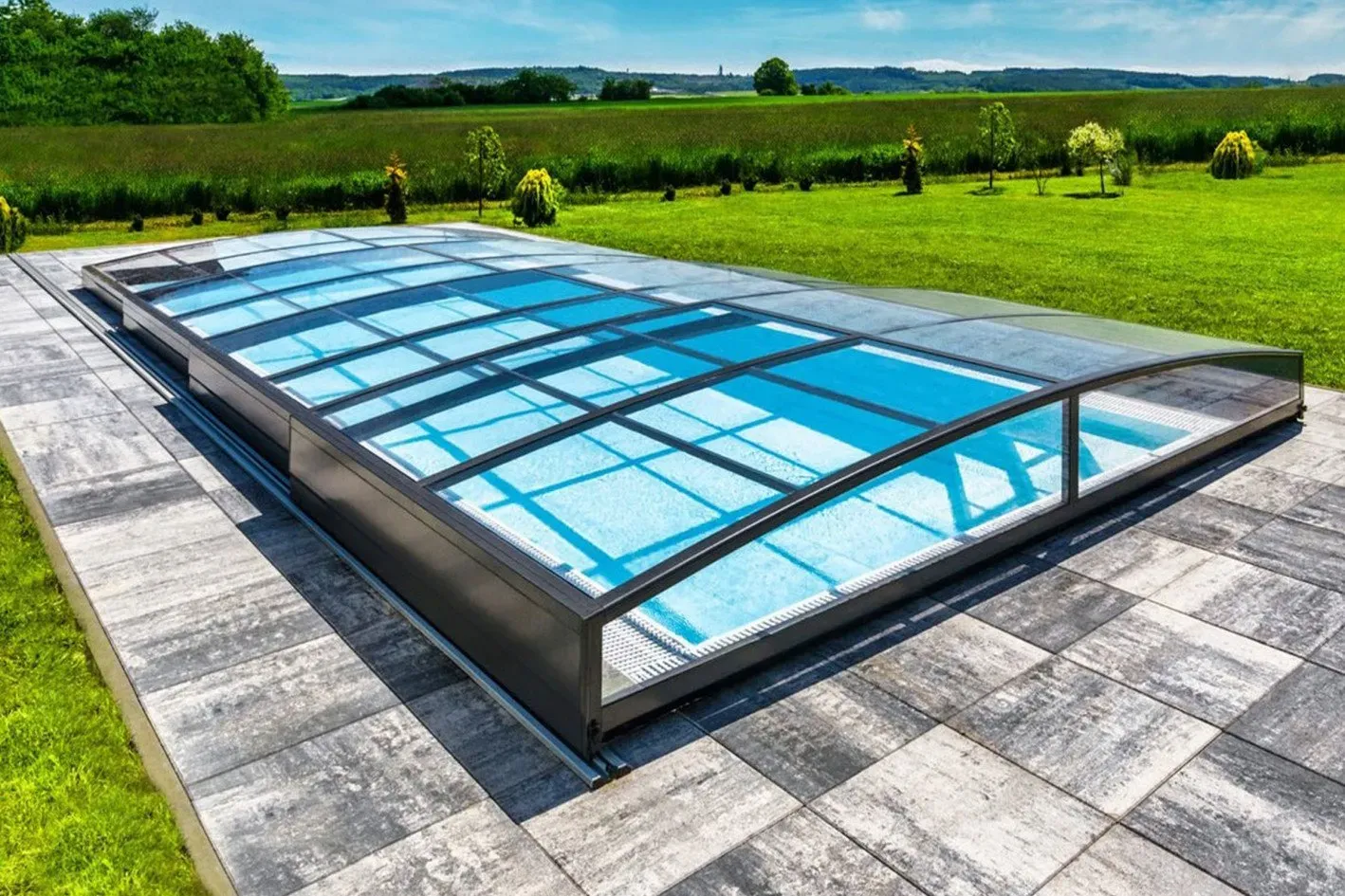 Schwimmbecken-Überdachung / Abdeckung SkyCover® Neo Clear 3.5x3.6m - einseitige Schiene