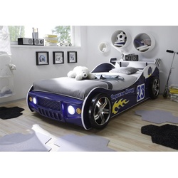möbelando Autobett Letta, Autobett mit LED-Beleuchtung 90 x 200 cm - Aufregendes Auto Kinderbett für kleine Rennfahrer in Blau - 105 x 60 x 225 cm (B/H/T)