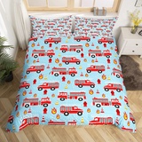 Feuerwehrauto Bettwäsche Set 155x220 für Jungen Schlafzimmer Dekor,Rote Feuerwehrmann Auto Dekor Bettbezug Feuerwehrauto Fahrzeug Feuerwehr Blaue Tröster Abdeckung Feuerwehrauto Dekor Bettwäsche