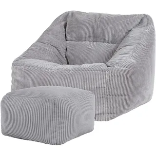 I.C.O.N. icon Sitzsack Sessel mit Hocker für Erwachsene, Grau, Flauschiger Cord Stoff, Riesen Sitzsack Cord mit Füllung, Bean Bag Chair, Bequemer Sessel Wohnzimmer, Lounge, Schlafzimmer, Büro