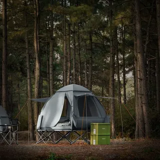 SoBuy Feldbett mit Zelt 2 Personen 7in1 Wurfzelt mit Luftpumpe Rolltasche Schlafsack Vorzelt Wasserdichtes Campingbett Hellgrau bis 180 kg - Hellgrau