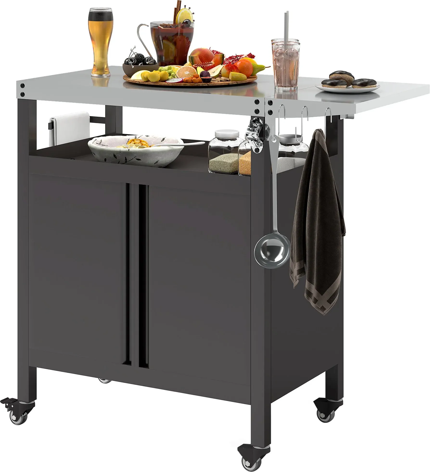 Outsunny Grillwagen 3-Etagen klappbar Servierwagen mit Arbeitsfläche Schrank Haken Räder, BBQ Grilltisch aus Edelstahl, Outdoor Rollwagen, Holzkohlegrill für Garten, Grill, 116x50x93cm Schwarz   Aosom