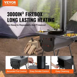 Vevor Holzofen, 118 Zoll, Camping-Zeltofen aus legiertem Stahl, tragbarer Holzofen mit Kaminrohren und Handschuhen, 3000 Zoll großer Feuerraum-Zeltofen zum Kochen und Heizen im Freien mit 8 Rohren