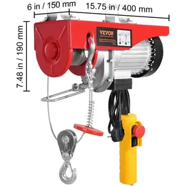 Vevor Elektrische Seilwinde mit 4,2 m kabelgebundener Fernbedienung, 12 m Hubhöhe mit Einzelkabel, Einzel-/Doppelschlingen, Not-Aus, Hebezeug für Garage, Lager, Fabrik