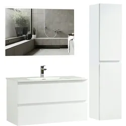 Alpenberger Badmöbel Waschbecken mit Unterschrank und Hochschrank | Waschbeckenbeckenunterschrank mit Waschtisch | Badezimmermöbel mit Led-Badspiegel