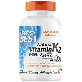 Doctor's Best Natural Vitamin K2 MK-7 with MenaQ7 plus D3 180mcg, 60 Kapseln