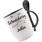 Tasse mit Löffel - Die beste Schneiderin heißt 'Name' - Löffeltasse, Kaffeetasse m. Motiv, Bürotasse, bedruckte Tasse mit Sprüchen oder Bildern, Tasse personalisiert mit Name