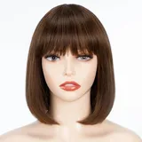 FASHION IDOL Bob Echthaar-Perücke mit Pony für schwarze Frauen kurzes glattes Haar 25CM natürliches schwarzes klebstofffreies maschinell hergestelltes kurzes Bob Perücken