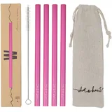 Whatakant Wellenreiter Edelstahlstrohhalme | 4er Set in Pink | nachhaltige Strohhalme mit Baumwollsäckchen und Reinigungsbürste | wiederwendbar und to go Trinkhalme | 15,5 cm Länge