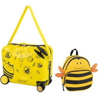 DREAMADE Kinderkoffer zum Draufsitzen, 2 TLG. Kinderkoffer mit Rucksack 18”+12”, Kindergepäck Trolley zum Reisen, Reisetrolley Kinder Trolley Set (Gelb-Biene)