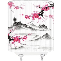 Duschvorhang 180x200 Japanische Kirschblüten, Duschvorhänge Antischimmel 3D Landschaft, Shower Curtains Wasserdicht Waschbar, Duschrollo für Badewanne Dusche Badezimmer, mit 12 Ringe