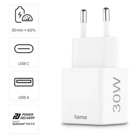 Hama Schnellladegerät 1x USB-C 1x USB-A Mini-Ladegerät PD 30 W Weiß