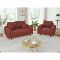 s-style möbel Polstergarnitur 2+1 Zara mit Braun Holzfüßen im skandinavischen Stil aus Cord-Stoff, (1x 2-Sitzer-Sofa, 1x Sessel), mit Wellenfederung rot