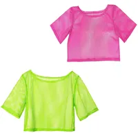 UILYNIU 2 Stück 80er 90er Jahre Outfit Damen, Netztop Netzhemd, Off Shoulder Netzshirt, Neon Kostüm, Damen Netzoberteil Accessoire, Party Accessoires für Karneval Party (Grün, Rosa) - Einheitsgröße