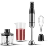 Klamer Stabmixer Set 1000 Watt, 4 in 1 Pürierstab Edelstahl mit SmartSpeed per Finderdruck, inkl. 3-teiligem Zubehör-Set, Messbecher & Schneebesen