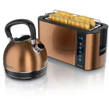 Arendo Frühstücks-Set Edelstahl Wasserkocher 1,7l, 4-Scheiben Langschlitz Toaster, kupfer (2-tlg), Frühstücksset, Wasserkocher Retro, Toaster Brötchenaufsatz, Touch beige