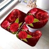 DEVOKE Badezimmer Badematte 3 Teilig Set Rose 3D Weichen Mikrofasern Rot Saugfähige Teppich,WC-Deckelbezug,U-Förmige Matte Maschinenwaschbar Badvorleger 40X60