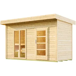 Saunahaus WEKA "FARSUND 2", beige (natur), Saunaofen, externe Steuerung, 9 kW, Saunen, Blockbohlen, langes Fensterelement inDer Front