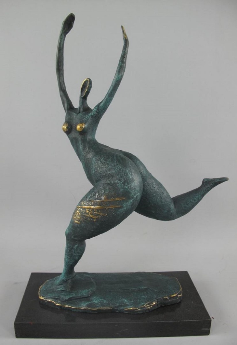 Casa Padrino Luxus Bronze Deko Skulptur Tänzerin Türkis / Gold / Schwarz 35 x 15 x H. 48 cm - Abstrakte Bronze Deko Figur mit Marmorsockel - Schreibtisch Deko - Deko Accessoires