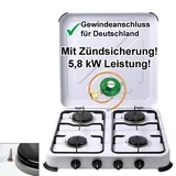 Bluecraft Camping-Gaskocher 4-flammig mit Zündsicherung Gasschlauch Gasregler