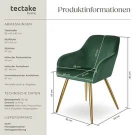 Tectake tectake® Esszimmerstuhl, Marilyn Samtoptik, goldene Stuhlbeine pro Stückdunkelgrün/gold