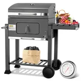 Grau Holzkohlegrill XL, Grillwagen Holzkohle, Groß Kohlegrill, Griller, Smoker Holzkohlegrill mit Deckel, 2PCS Räder, Grillrost und Thermometer, Höhenverstellbar, BBQ Grill für Camping und Garten