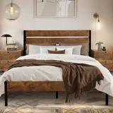 VECELO Bettgestell 140 x 200 cm, Metallbett mit Dick Holzkopfteil und Lattenrost, Doppelbett mit Stauraum unter dem Bett, perfekt für Schlafzimmer,Braun