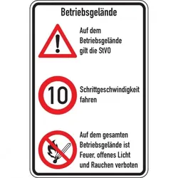 Schild I Kombischild Betriebsgelände, STVO und 10 km/h + Feuer offenes..., Aluminium, 600x900mm, nach StVO
