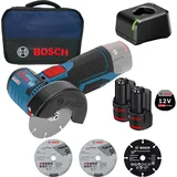 Bosch Hausgeräte, Winkelschleifer, Bosch Akku-Winkelschleifer GWS 12V-76 Ø 76 mm / 2x 2,0 Ah Akku + Ladegerät im Softbag