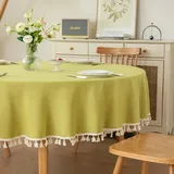hometrixx Tischdecke Grün mit Quasten Rundes Ø160cm - Baumwoll-Leinen Tischtuch Wasserabweisend mit Lotuseffekt