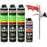 Isolbau Bauschaum-Set - Inkl. 3 x 1K Montageschaum B2 Pistolenschaum mit hervorragender Schall und Wärmedämmung (je 750 ml), 1 x PU-Schaum-Reiniger (500 ml) & 1 x Schaumpistole, Verfüllen