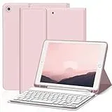 ZOYU Hülle mit Tastatur für iPad 9. 8. 7. Generation 2021 2020 2019, iPad 9/8/ 7 10,2 Zoll Hülle mit Tastatur, Bluetooth Keyboard Folio mit Stifthalter, QWERTZ Layout, Rosa