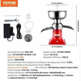 Vevor Elektrischer Milchabscheider Zentrifugalabscheider 30 W, Milchzentrifuge Separator 100 L/Std. Milchcremetrenner, 10500 U/min Multifunktionale Milchzentrifuge Milchseparator Edelstahl 304