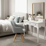 MEUBLE Cosy Schminkstuhl Drehbar 360° Make-up-Stuhl mit Armlehnen für Schlafzimmer Vanity, Bequemer Sitz und Rückenlehne, Massivholzfüße, Grau