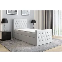 mebloland Boxspringbett, Jugendbett LILI 100x200 (Rechts) mit Bettkästen, Bonell-Matratze und Topper. Farbe: Weiß - Weiß