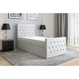 mebloland Boxspringbett, Jugendbett LILI 100x200 (Rechts) mit Bettkästen, Bonell-Matratze und Topper. Farbe: Weiß - Weiß