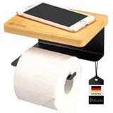 ELUNO Toilettenpapierhalter VARAZ mit Ablage aus Bambus, Selbstklebender, Toiletpaper Holder, WC-Rollenhalter mit hochwertigem Klebeband zum Kleben oder zum Bohren, aus schwarzem Metall