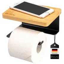 ELUNO Toilettenpapierhalter VARAZ mit Ablage aus Bambus, Selbstklebender, Toiletpaper Holder, WC-Rollenhalter mit hochwertigem Klebeband zum Kleben oder zum Bohren, aus schwarzem Metall