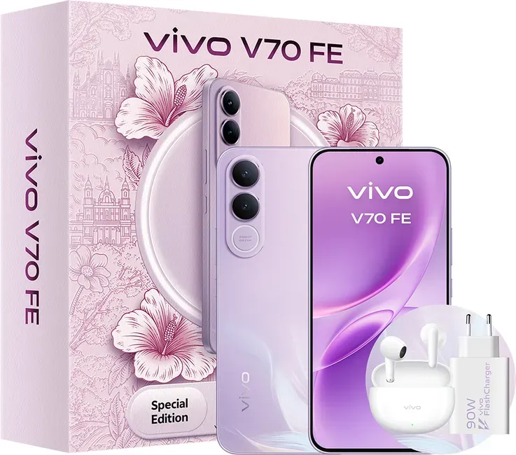 vivo V70FE 8+256 GB Bundle, Smartphone in Muse Purple, 200 MP OIS Ultra-Klare Hauptkamera, 7000 mAh BlueVolt-Akku, 90 W FlashCharge, 1,5K Ultra-Klare AMOLED-Display, IP68 & IP69, Geschenk-Bundle [Energieeffizienzklasse B]