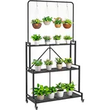 Dreistöckiger Pflanzenständer Mit Rollen, Faltbares Metall-blumenregal Mit 4 Haken, 84 X 40,5 X 174 Cm, Schwarz