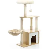 fudajo Kratzbaum mit Holz Beige 106 cm hoch, Katzenkratzbaum mit Katzenhaus und Liegemulde, Katzenbaum mit Sisal, Katzenmöbel mit Plüsch