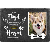 PfotenSchild Schieferplatte Gedenktafel für Hund & Katze - mit Foto und Name Bedrucken - Deine Flügel?unser Herz - Tiergrabstein, wetterfest - Schiefertafel 20x30cm I personalisiert