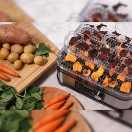 Klamer Dörrautomat, 400W Dörrautomat Edelstahl mit 5 Einlegefächern und 24h-Timer, Trockner mit Temperaturregler von 35-70°C, BPA frei