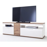 TV Lowboard in Weiß Hochglanz und Eiche Dekor 180 cm breit