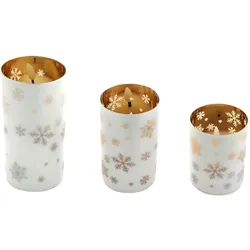 LED Echtwachskerze in Glaswindlicht 3er Set Gold Schneeflocken Motiv Timer