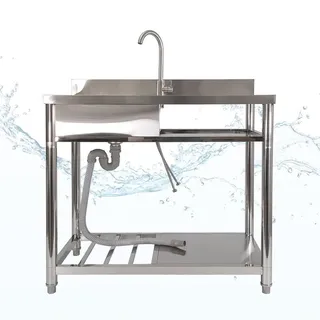 Lemodo Spültisch freistehend, Wasserhahn mit Kalt Warm Anschluss, Spülbecken