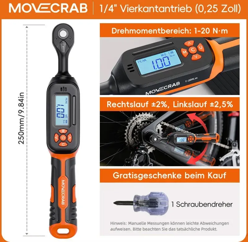 Movecrab Professioneller digitaler Drehmomentschlüssel mit 1/4