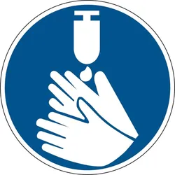 Gebotsschild, Hände desinfizieren - praxisbewährt - 100 mm Folie selbstklebend