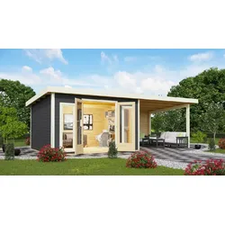 Karibu Premium Gartenhaus Radeburg 2 | inkl. 3,30m Schleppdach und Rückwand - 40mm-369 x 309 cm - terragrau