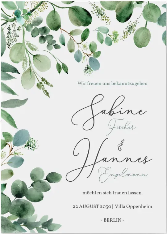 Hochzeit Einladungen selbst gestalten - Greenery -  | Wunderkarten.de